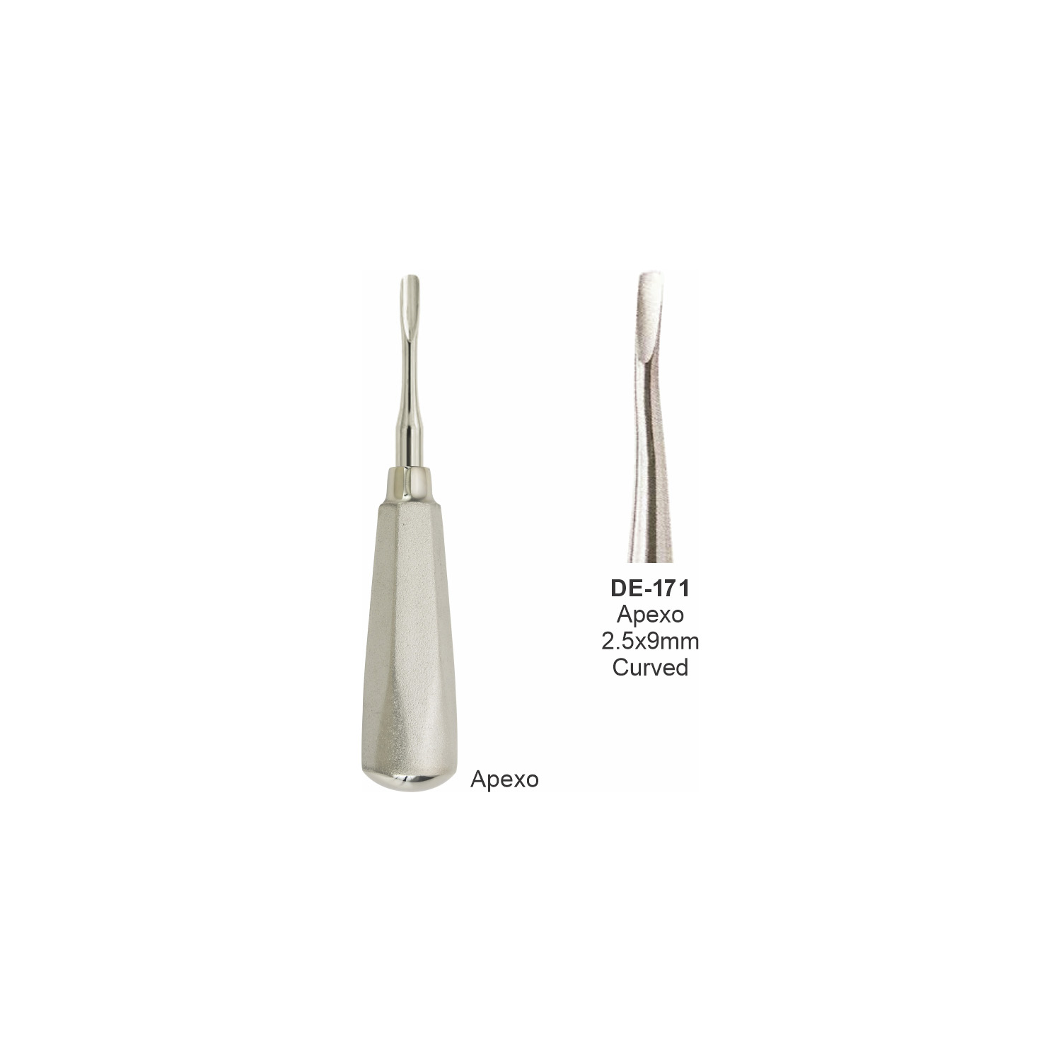 Apexo-wortelheffer 2,5 x 9 mm, gebogen, breed handvat
