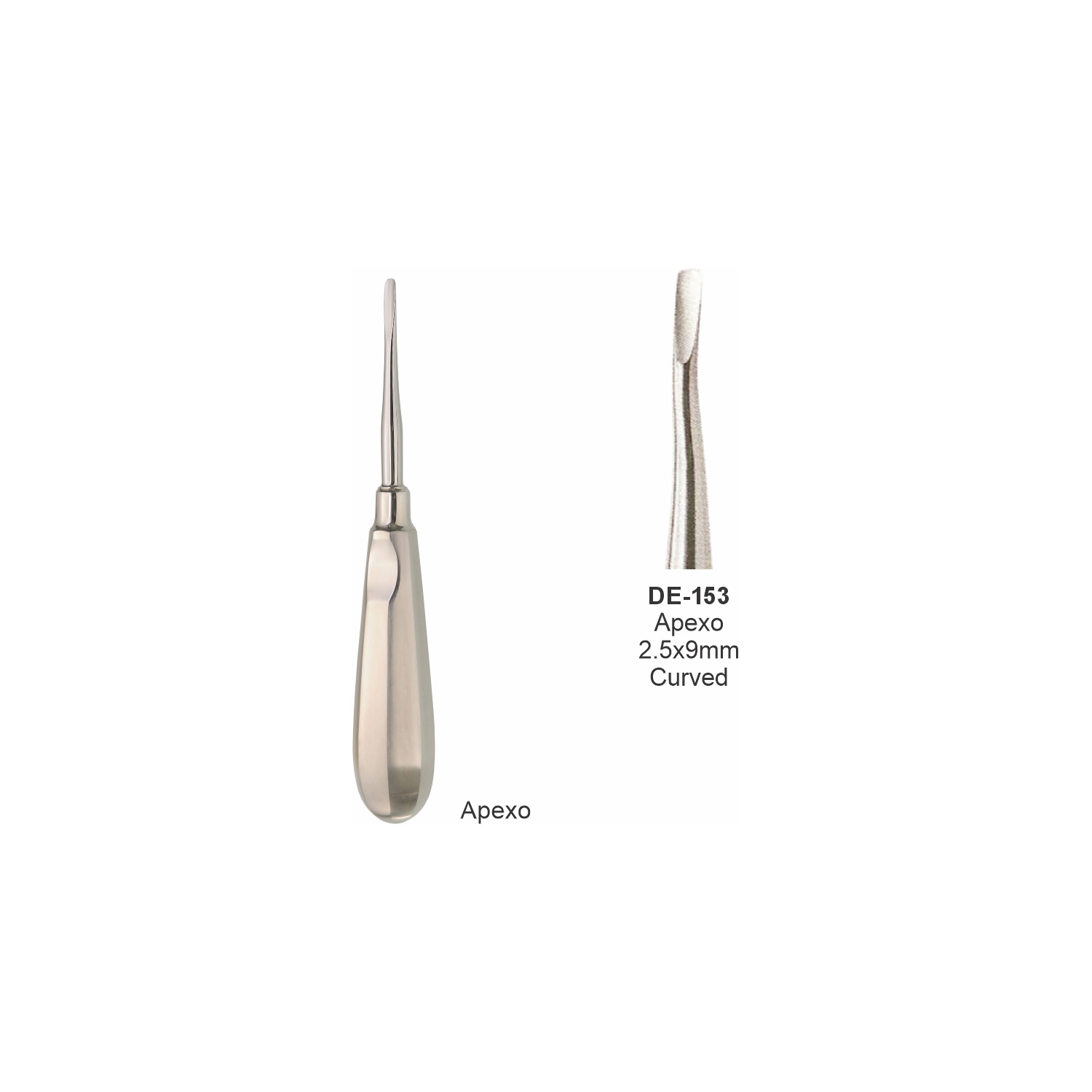 Apexo-wortelheffer 2,5 x 9 mm, gebogen, slank handvat