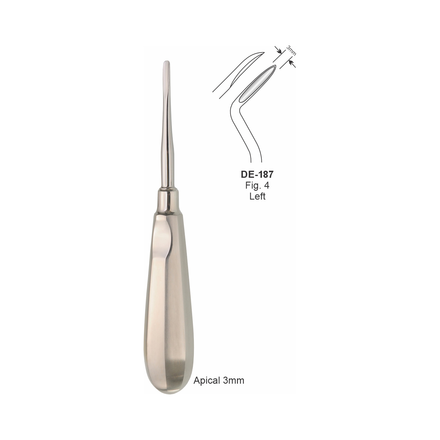Apicale wortelheffer 3 mm, links, slank handvat