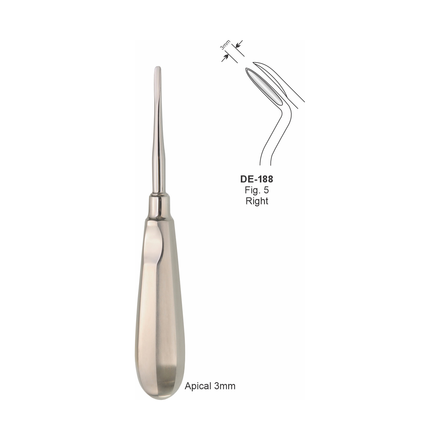 Apicale wortelheffer 3 mm, rechts, slank handvat