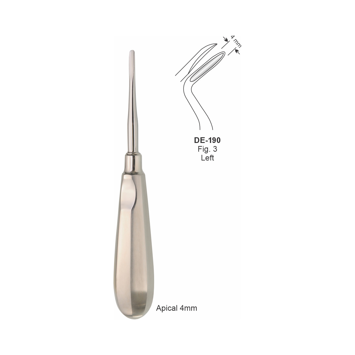 Apicale wortelheffer 4 mm, links, slank handvat