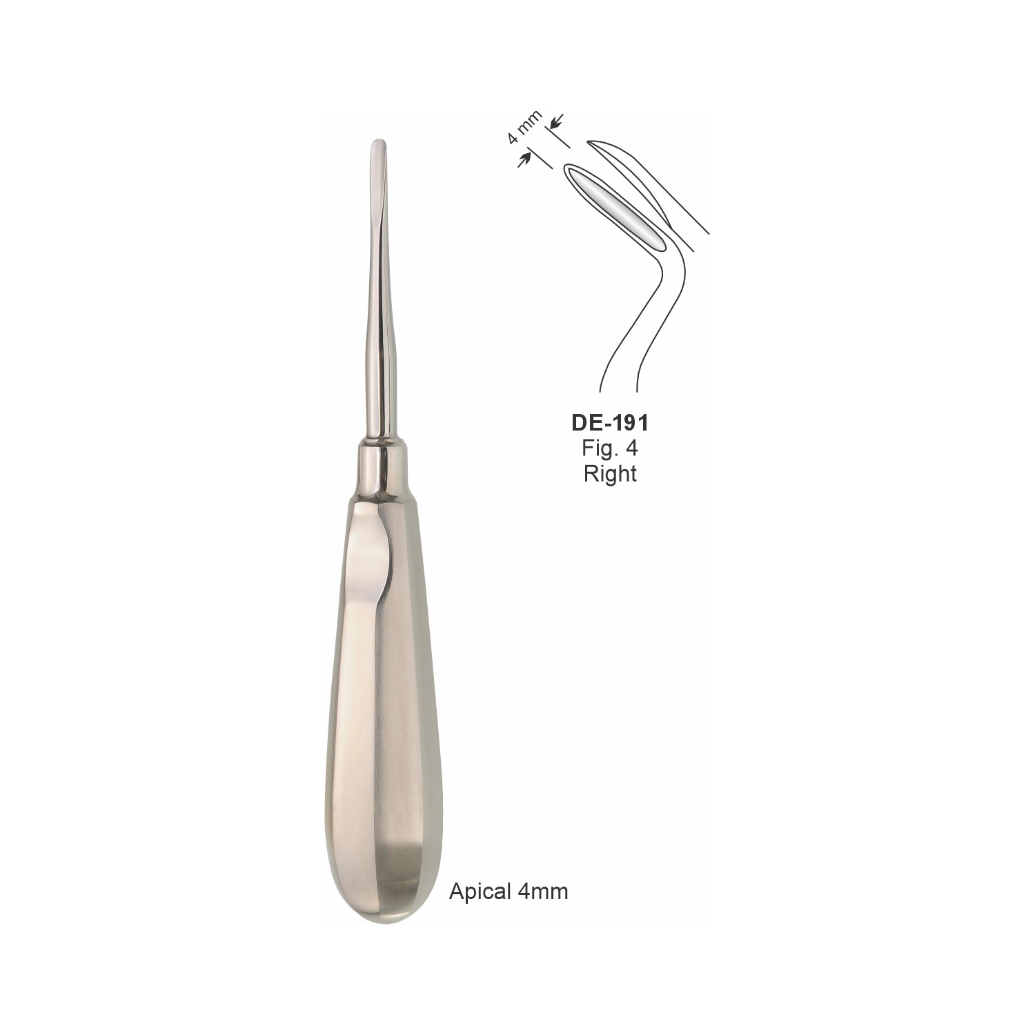 Apicale wortelheffer 4 mm, rechts, slank handvat