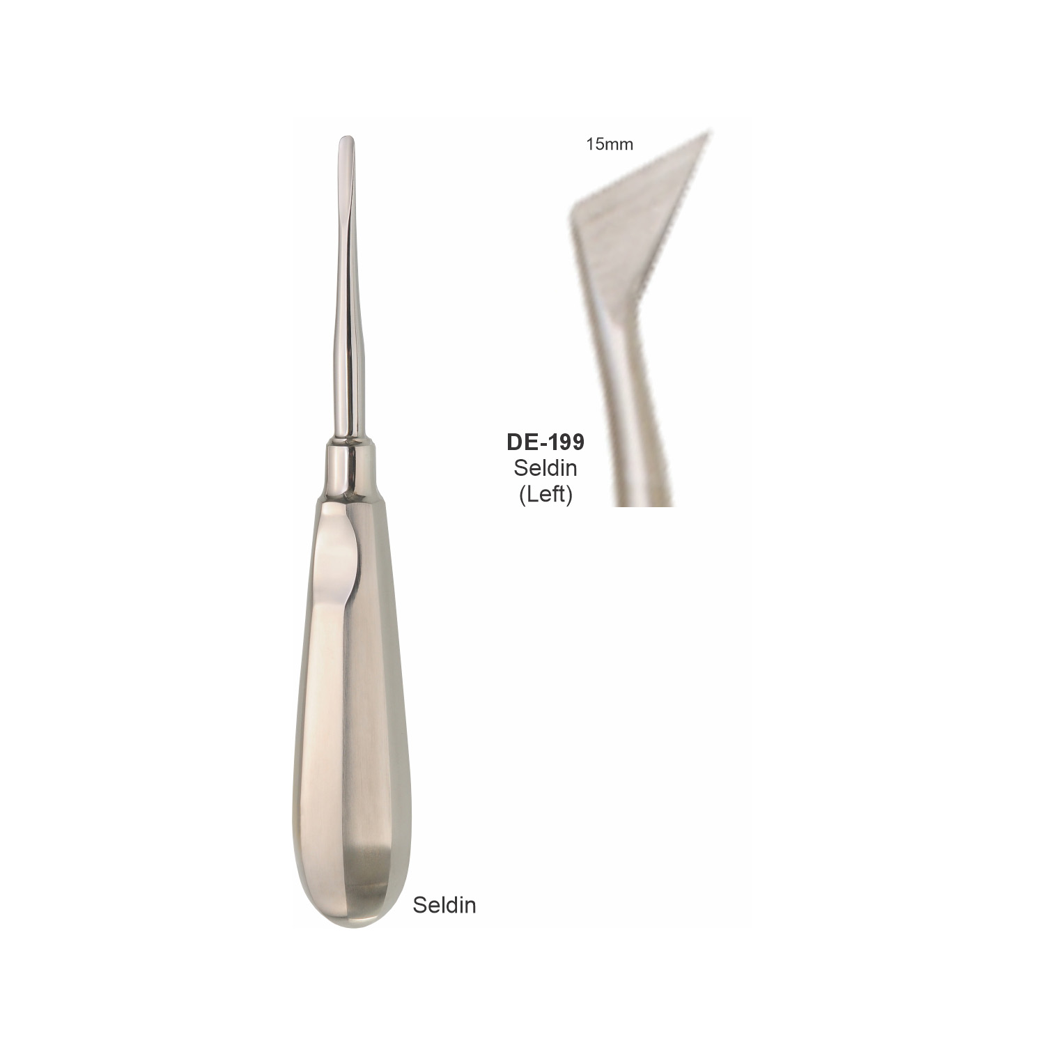 Seldin-wortelheffer links, 15 mm, slank handvat
