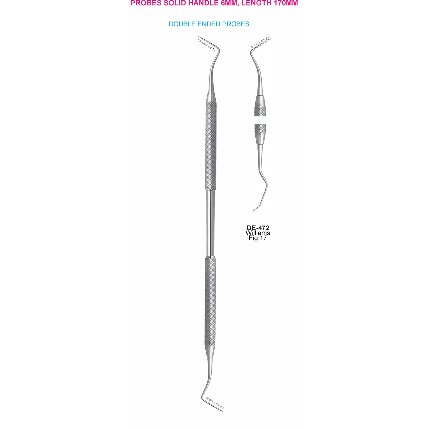 Sonde dubbelzijdig Williams/fig. 17, massief handvat 6 mm, 170 mm